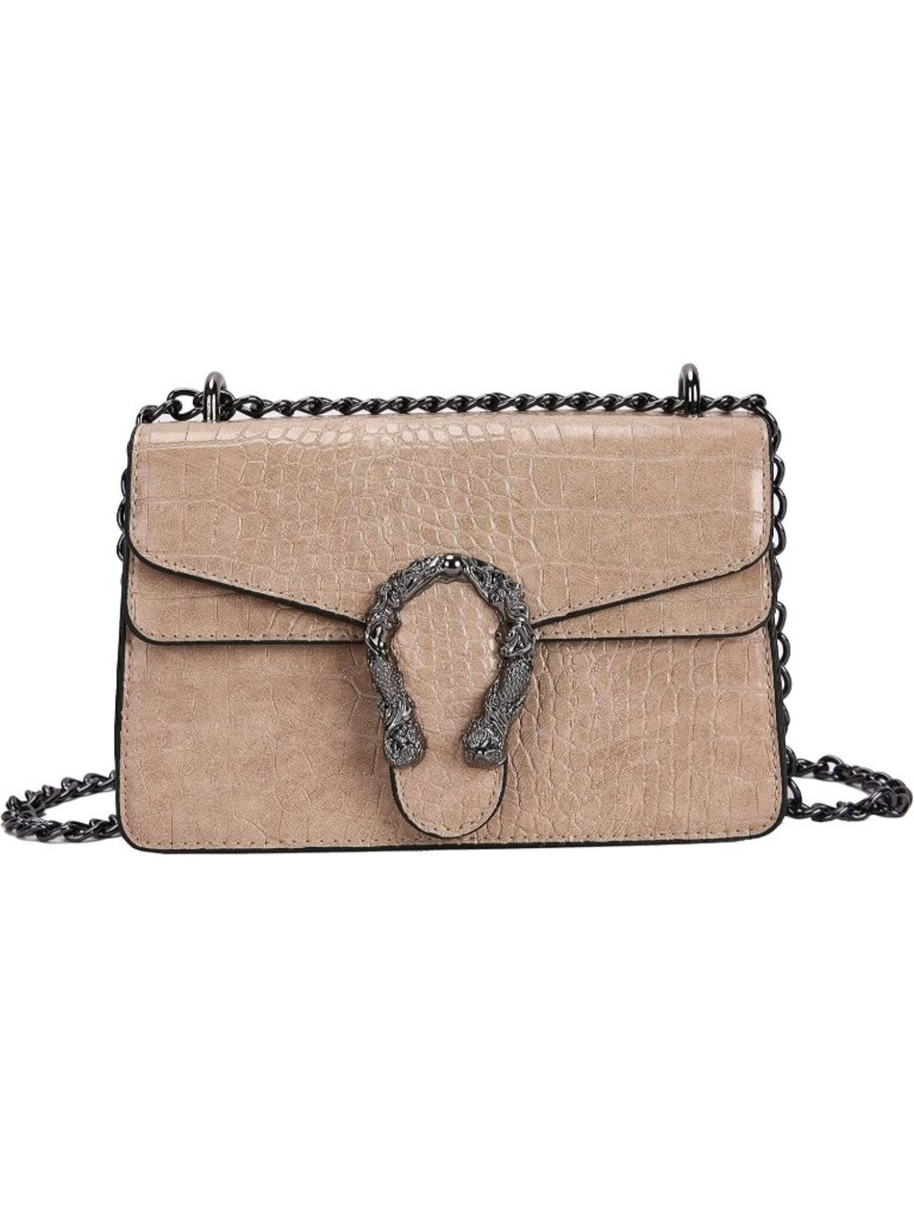 Women's B Khaki Leather Snake Print Vintage Purse Chain Crossbody Bag
